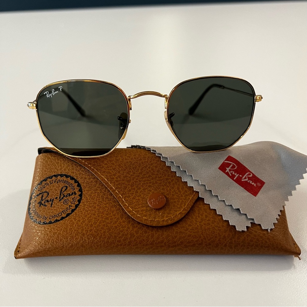 Ray Ban Hexagonal Gold Sunglasses flat lenses 51 mm- polarized